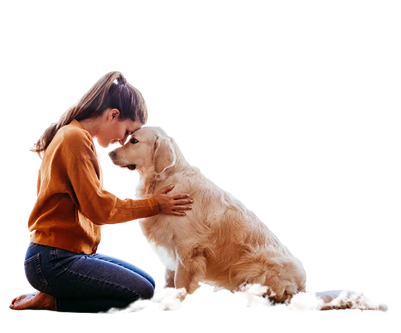 Foto de uma tutora e seu cachorro